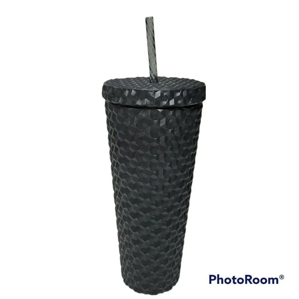 Walmart Textured Tumbler Cup Reusable 26 oz Matte Black Screw Top Lid w/Straw‎